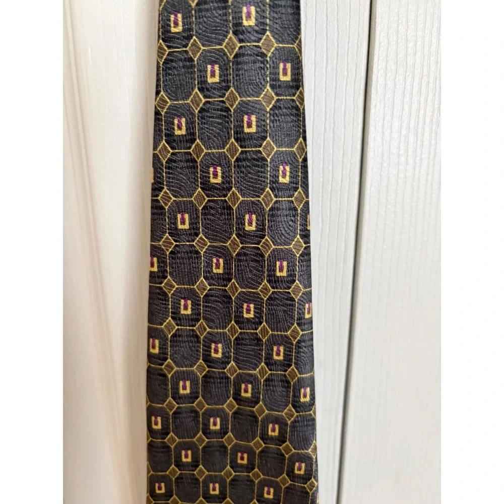 Alexander Lloyd Menswear Silk Tie Geometric Gold Purple Black Extra Long XL